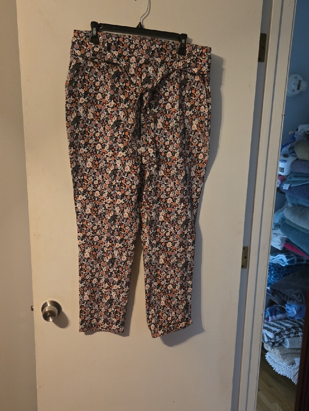 Jules & Leopold Black Floral Print Pants with Orange and Lilac Blooms